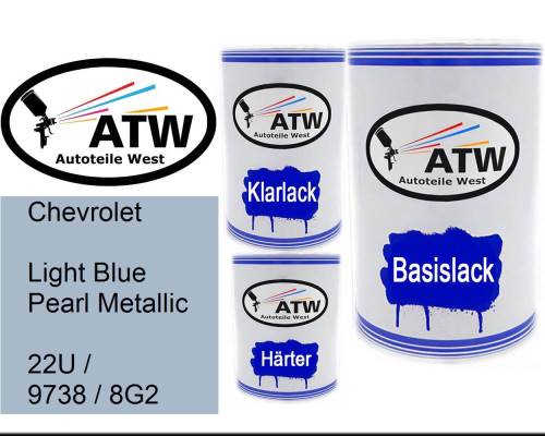 Chevrolet, Light Blue Pearl Metallic, 22U / 9738 / 8G2: 500ml Lackdose + 500ml Klarlack + 250ml Härter - Set, von ATW Autoteile West.